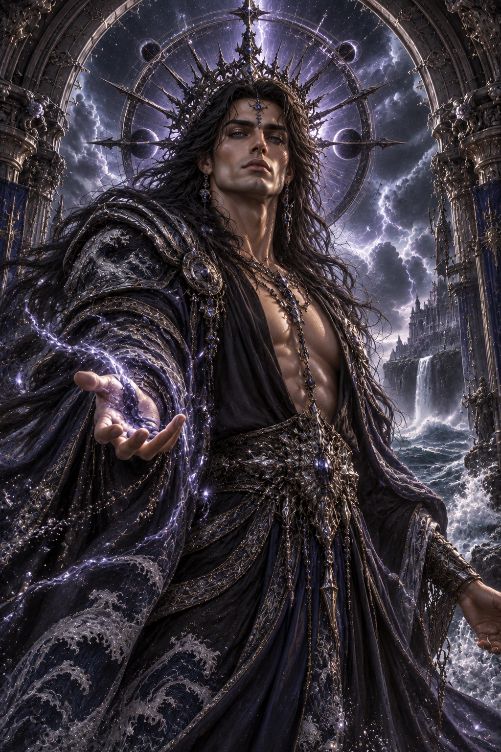 A tall, muscular man with long dark hair stands prominently, wearing an ornate, flowing robe embellished with intricate designs and jewels. He extends one hand outward, surrounded by shimmering, magical energy, with a stormy sky and a castle visible in the background.