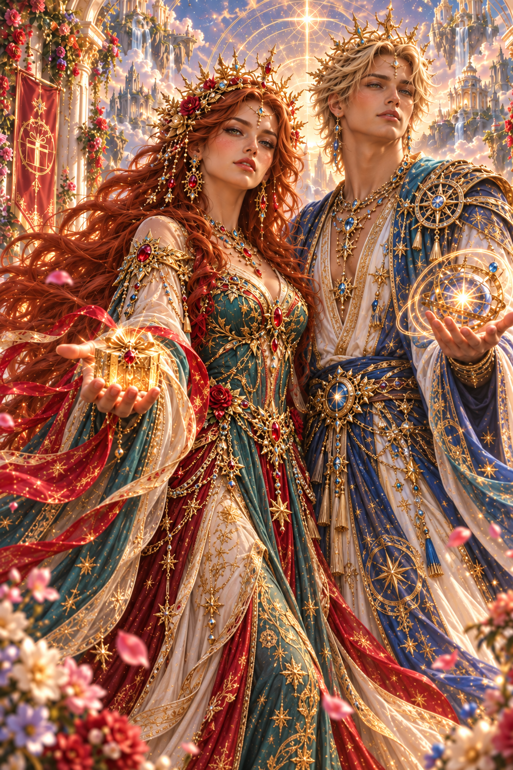 A woman with long, wavy red hair and ornate jewelry stands on the left, holding a small, glowing gift. Beside her is a man with blonde hair, wearing a richly adorned outfit, who holds a glowing orb in his right hand. Both characters are surrounded by lush flowers and an ethereal background featuring stars and a bright, radiant light.
